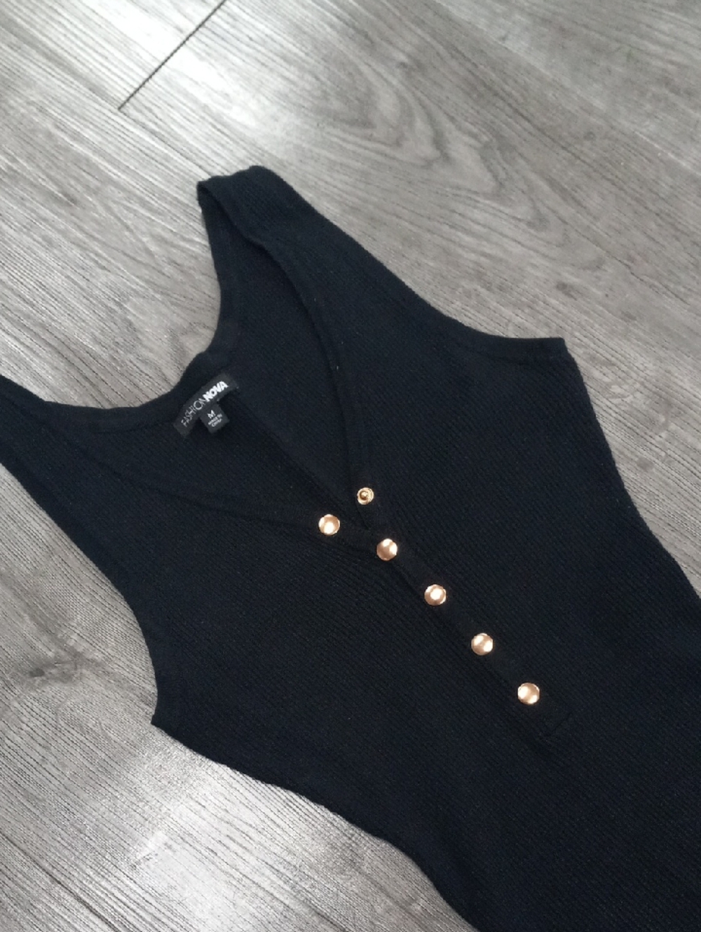 Fashion Nova Black Ribbed Sleeveless Midi Dress with Gold Buttons - Picture 6 of 6